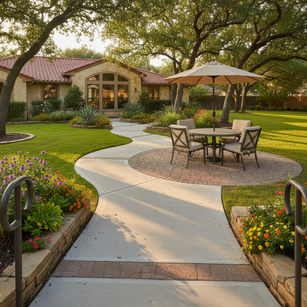 A landscaped backyard patio belonging to an assisted living group home in Texas, depicted with photographic realism. A smooth, wide concrete path curves through manicured lawns and raised flower beds filled with colorful native plants. Several sturdy, cushioned patio chairs and a large umbrella-shaded table sit on a brick terrace, with non-slip surfaces clearly visible. The late afternoon sun creates a soft golden light, casting long, gentle shadows from mature trees and handrails along the path. Shot at eye level with a wide composition and sharp detail, the image conveys outdoor relaxation, safety, and fresh air, suggesting a peaceful, secure environment for older adults in Houston or Missouri City without including any people.