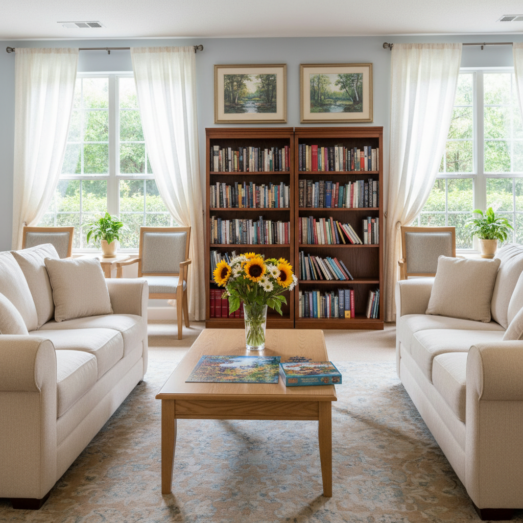 A cozy, sunlit shared living room in an assisted living group home, photographed in realistic detail. Plush, neutral-toned sofas with soft textured fabric are arranged around a light oak coffee table holding a neatly stacked puzzle box and a vase of fresh flowers. In the background, wide windows reveal leafy Houston greenery, filtered through sheer curtains. Warm afternoon light washes across framed nature artwork on the walls and a neatly organized bookshelf with large-print books. Shot at eye level with a balanced, wide composition and crisp focus, the mood is calm, welcoming, and professional, conveying a safe, homelike environment for older adults without showing any people.