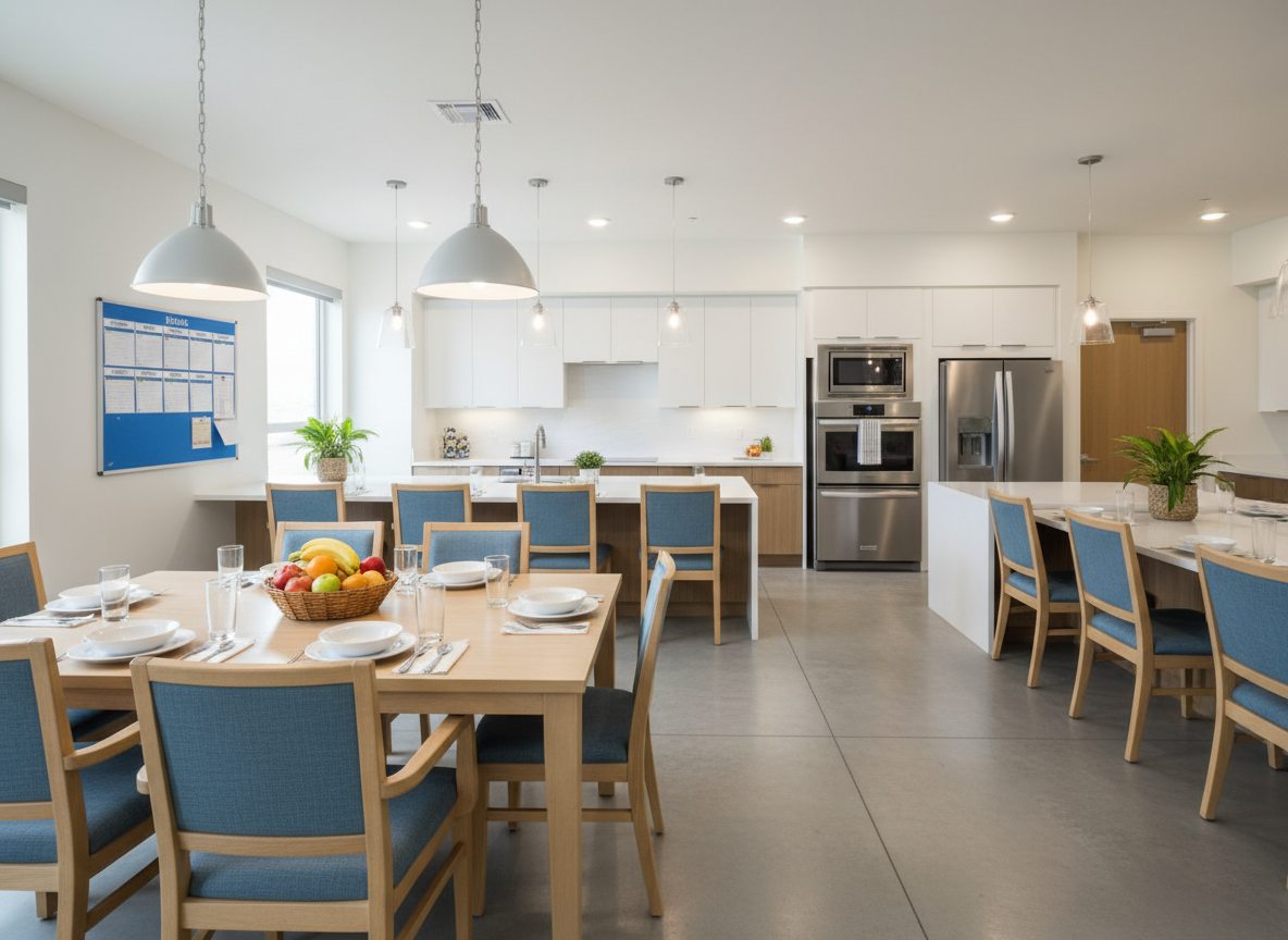 A spotless, open-concept kitchen and dining area in a modern assisted living group home, photographed in clean, natural detail. A long, light-wood dining table with sturdy, high-back chairs is set with simple white plates, water glasses, and a basket of fresh fruit. Behind it, a fully accessible kitchen features wide walkways, lowered countertops, and stainless steel appliances, with a bulletin board displaying non-readable color blocks where schedules would be. Soft overhead pendant lighting combines with indirect daylight from a side window, creating even, welcoming illumination. Captured at eye level with sharp focus and subtle depth, the image conveys organized daily support, nutritious meals, and a professional yet homelike environment tailored for older adults.