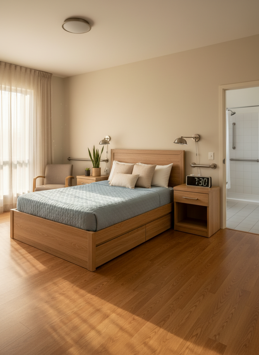 A bright, organized bedroom designed for an older adult in an assisted living group home, captured with photographic realism. A low, upholstered bed with a sturdy wooden frame and pale blue quilt is positioned beside a wide, accessible nightstand holding a digital clock, reading lamp, and a small plant. Handrails are discreetly mounted near the bed, and a spacious, uncluttered walkway leads to a partially open door revealing a private bathroom. Soft morning light pours through a large window with light-filtering curtains, casting gentle shadows on the warm wood floor. Shot from a slightly elevated corner angle, the composition emphasizes safety, comfort, and independence in a serene, professional atmosphere.