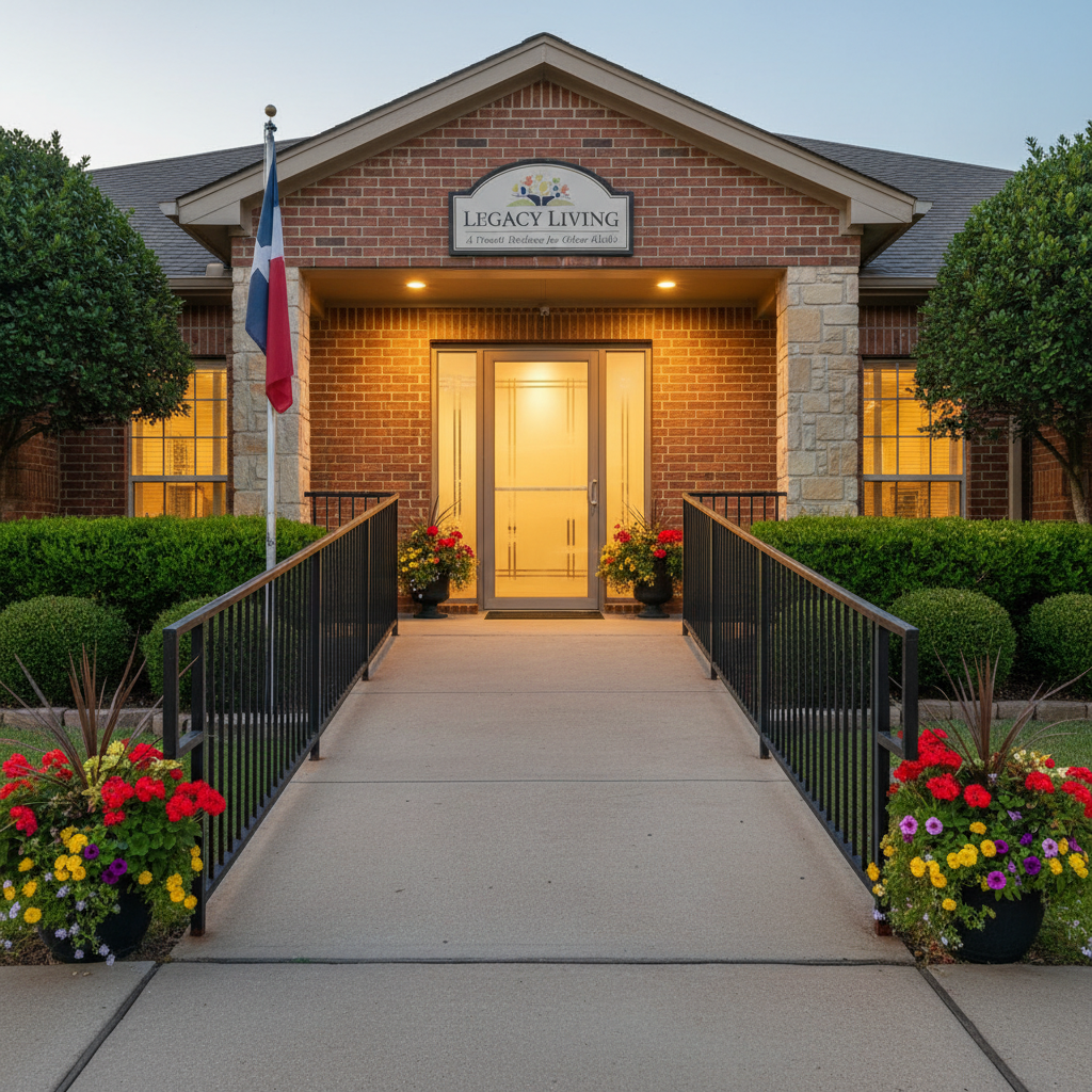 A professional yet welcoming front entrance of an assisted living group home in Houston, captured in realistic photographic style. A single-story brick exterior with a clean, well-maintained façade is framed by neatly trimmed shrubs and seasonal flowers in large planters. A wide, gently sloped ramp with sturdy railings leads to a covered porch and glass front door, where a soft glow from interior lighting is visible. Early evening light creates a warm, inviting atmosphere, with subtle reflections on the glass and carefully lit house numbers without readable text. Shot from a slightly low, centered angle, the composition emphasizes accessibility, safety, and hospitality, introducing Legacy Living as a trustworthy, home-like residence for older adults.