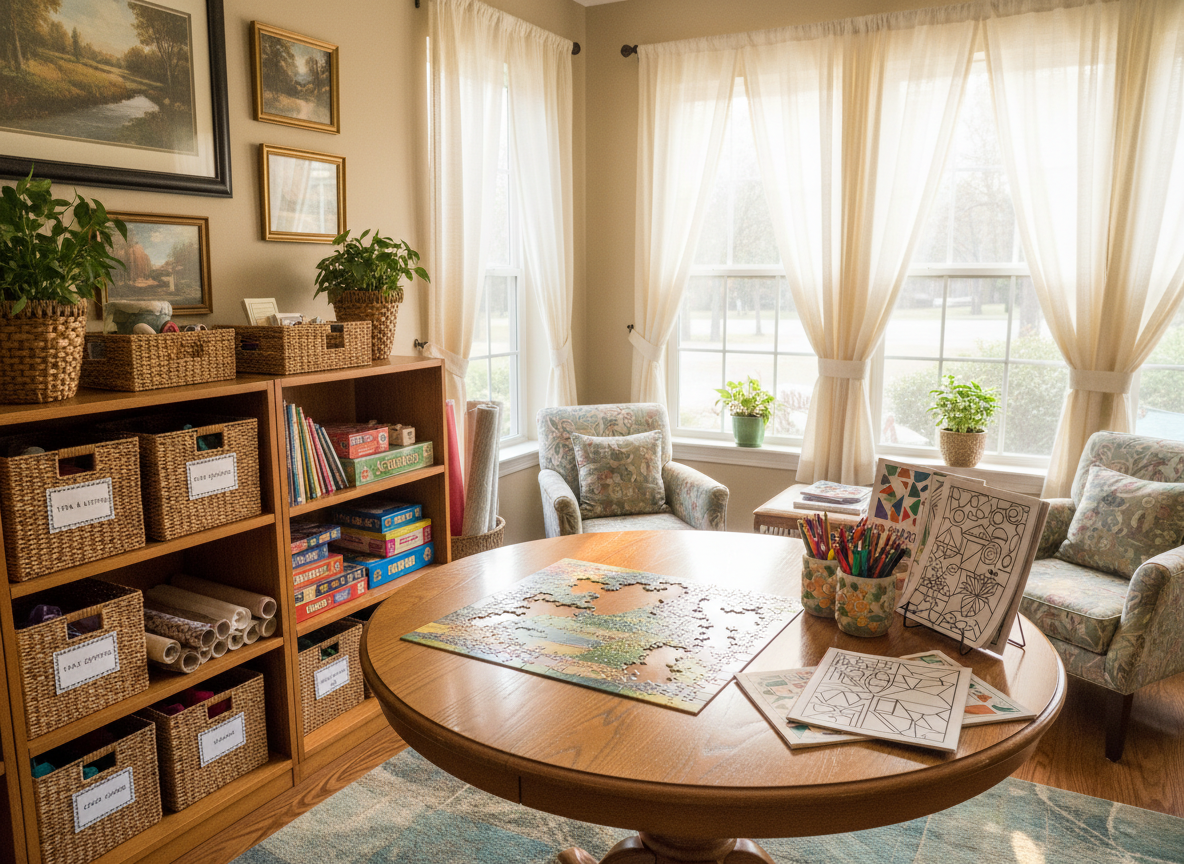 A quiet activity nook in an assisted living group home, designed for hobbies and social engagement, shown in realistic photographic style. A round wooden table is neatly arranged with an in-progress large-piece jigsaw puzzle, colored pencils, and adult coloring books featuring abstract patterns. Nearby, open shelving holds neatly labeled storage bins, board game boxes, and textured craft materials. Large windows along one wall provide abundant natural light, softened by sheer curtains, creating gentle highlights on the table surface and a warm, inviting glow across the room. Shot from a slightly elevated angle with moderate depth of field, the composition feels organized and calm, suggesting meaningful, low-stress activities for older adults in a supportive, professional setting.