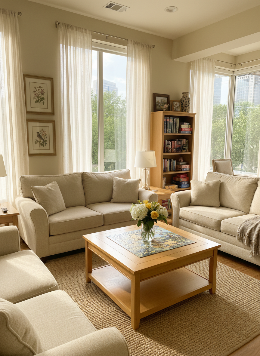 A cozy, sunlit shared living room in an assisted living group home, photographed in realistic detail. Plush, neutral-toned sofas with soft textured fabric are arranged around a light oak coffee table holding a neatly stacked puzzle box and a vase of fresh flowers. In the background, wide windows reveal leafy Houston greenery, filtered through sheer curtains. Warm afternoon light washes across framed nature artwork on the walls and a neatly organized bookshelf with large-print books. Shot at eye level with a balanced, wide composition and crisp focus, the mood is calm, welcoming, and professional, conveying a safe, homelike environment for older adults without showing any people.